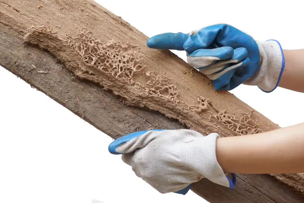 Close-up of a person inspecting termite damage on wooden beam with gloves.