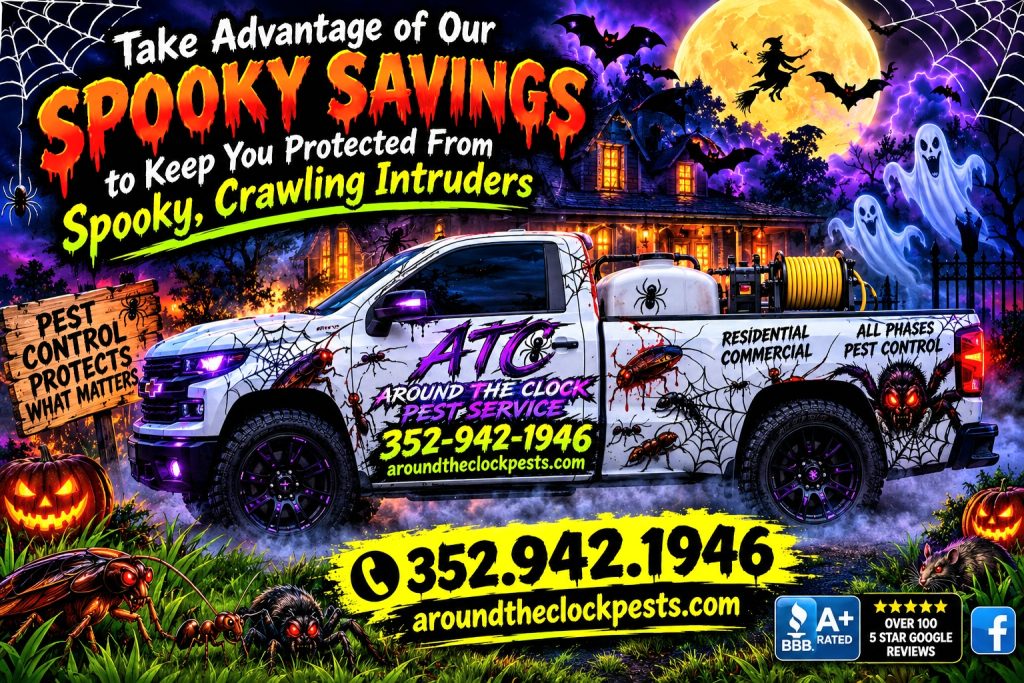 A Halloween-themed pest control truck offers spooky savings in front of a haunted house decorated for fall.